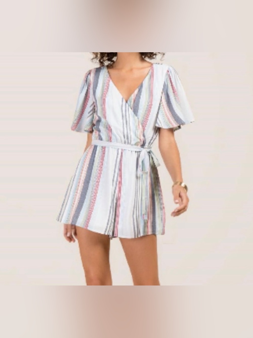 Altar'd State M Crossover Belted V-Neck Flutter Sleeve Romper Stretch Waist